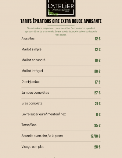 Tarifs épilation cire extra douce apaisante