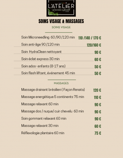 Tarifs soins visage et massages